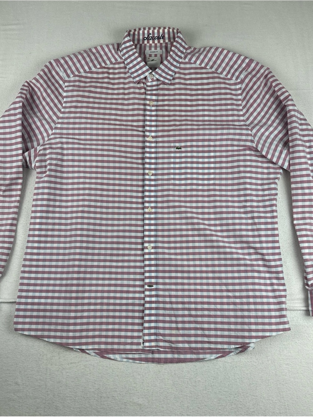 VTG Lacoste Mens Purple White check Button down Shirt Sz 45 fits 2XL Gator Logo